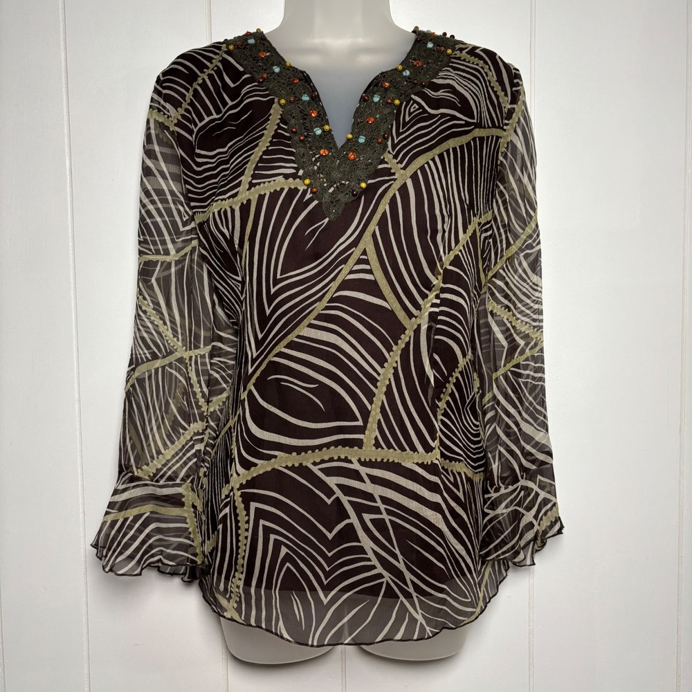 Y2K VTG Spenser Jeremy Silk Brown Abstract Earthy Beaded Crochet V-Neck Large‎